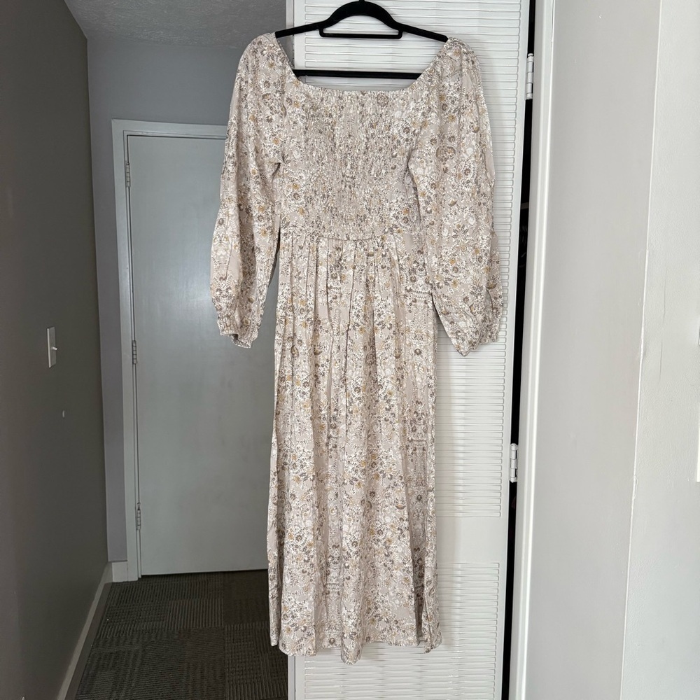 Final Touch Floral Paisley Beige Tan Dress Mid Sleeve Cinched - Picture 3 of 7